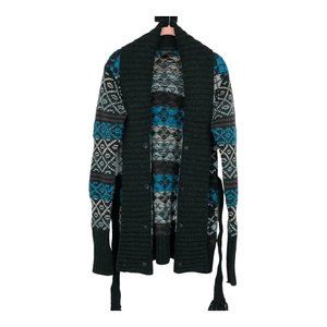 Peak Performance Blue Grey Multicolor Argyle Sweater Cardigan waist tie size M